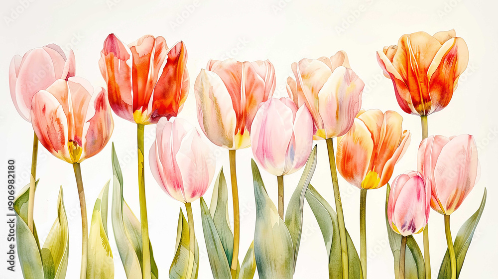 Watercolor botanical illustration of tulips using layering (glazing), soft pastel blending, white background