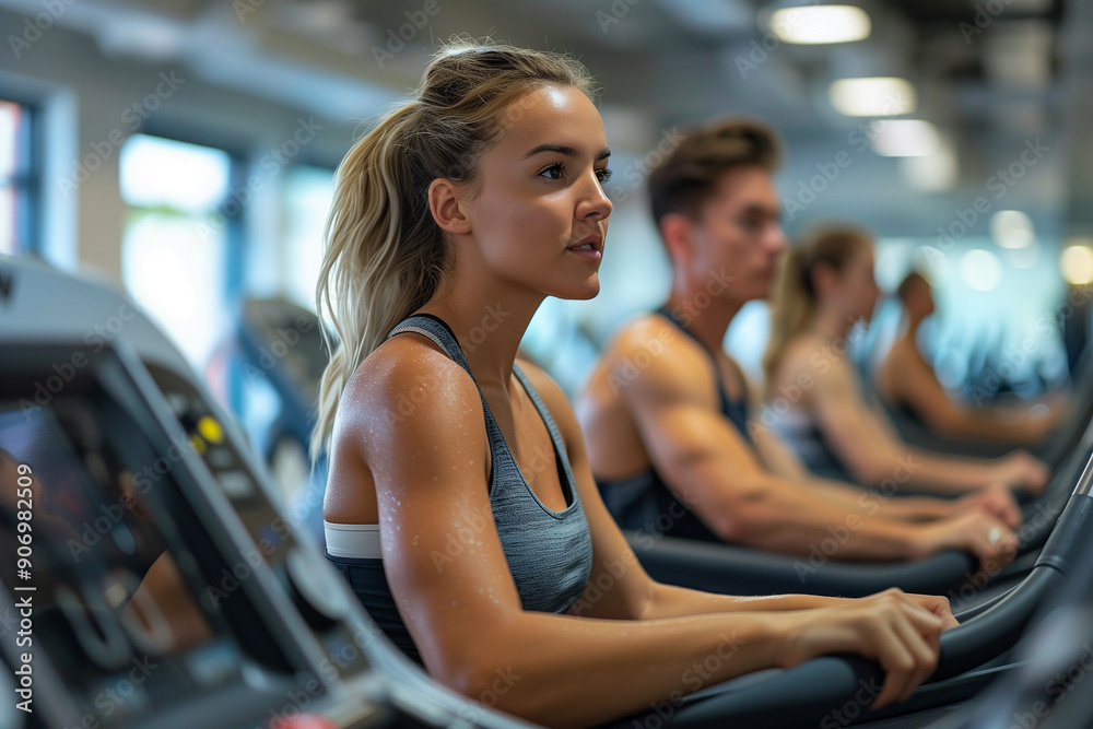 woman exercising on treadmills in a gym environment woman exercising on treadmills in a gym environment
