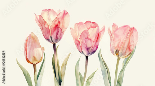 Watercolor botanical illustration of tulips with gradient washes, soft and dreamy transitions, light background