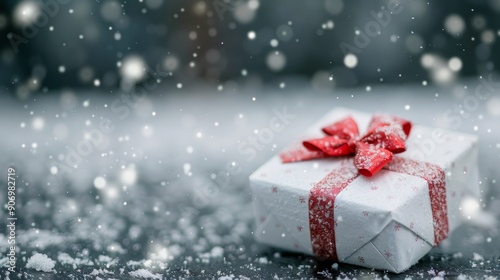 Snowy Winter Scene With Gift Box Tied With Red Ribbon