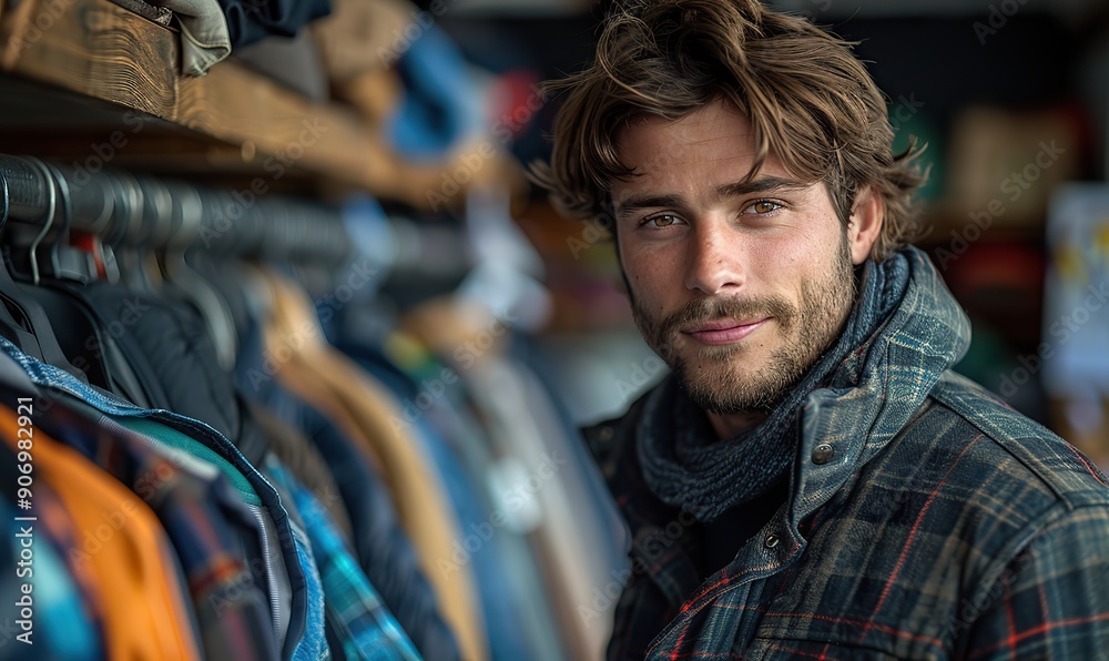 The concept of shopping is illustrated by a Caucasian man buying clothes in a shop. The concept of shopping is illustrated by a Caucasian man buying clothes in a shop.