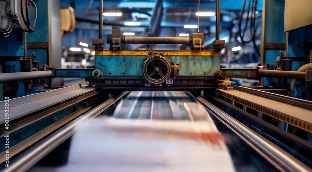Industrial printing press in operation, producing colorful printed materials on a factory floor. Industrial printing press in operation, producing colorful printed materials on a factory floor.