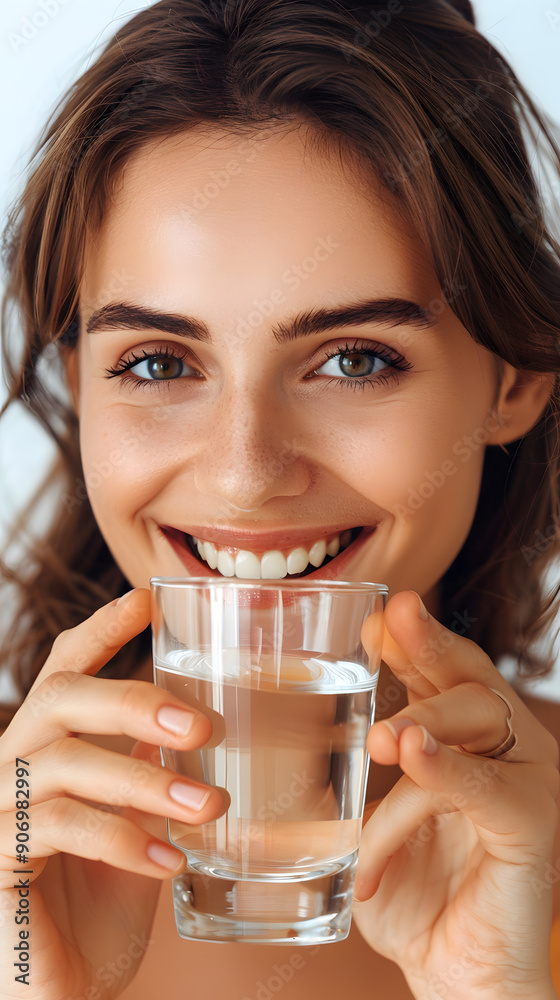 Close up beautiful smiling Asian woman holding glass of water isolated on white background Close up beautiful smiling Asian woman holding glass of water isolated on white background