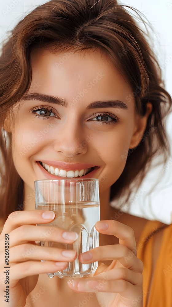 Close up beautiful smiling Asian woman holding glass of water isolated on white background Close up beautiful smiling Asian woman holding glass of water isolated on white background