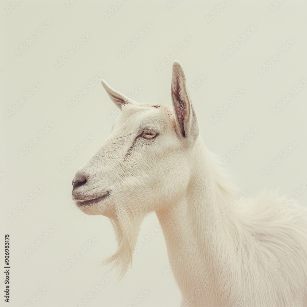 Fototapeta premium Medium shot of a goat, isolated on a light solid pastel white background 