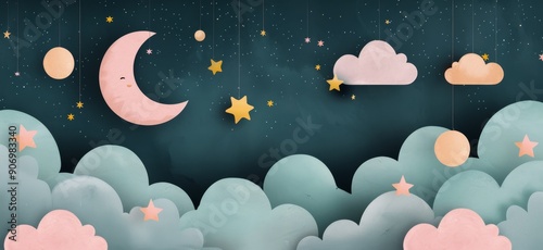Decorative Moon And Stars Against Textured Green Background