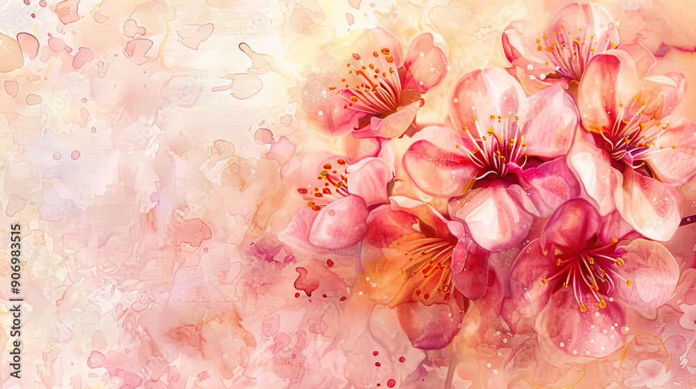 Watercolor cherry blossoms in wet-on-dry style, detailed petals in spring shades, pastel background