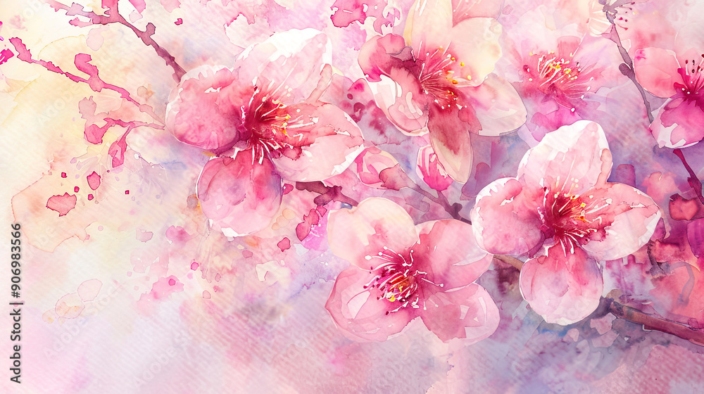 Watercolor cherry blossoms in wet-on-dry style, fine details and vibrant spring colors, pastel background Watercolor cherry blossoms in wet-on-dry style, fine details and vibrant spring colors, pastel background