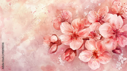 Watercolor cherry blossoms in wet-on-dry style, detailed petals in spring shades, pastel background