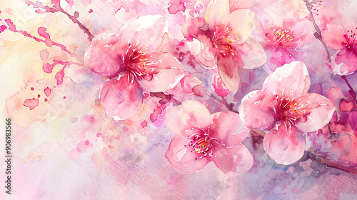 Watercolor cherry blossoms in wet-on-dry style, fine details and vibrant spring colors, pastel background