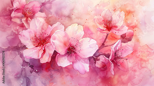Watercolor cherry blossoms in wet-on-dry style, fine details in bright spring colors, pastel background