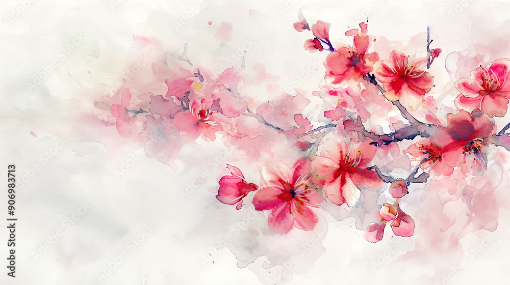Watercolor cherry blossoms in wet-on-wet style, soft blending of spring colors, white background