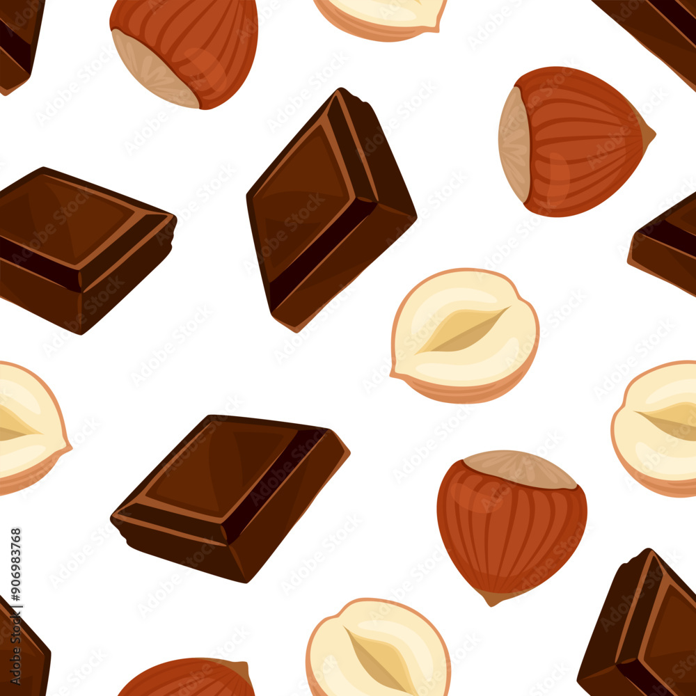 Fototapeta premium Chocolate and nuts vector background. Pieces of dark chocolate bar and hazelnuts seamless pattern. Cartoon illustration.