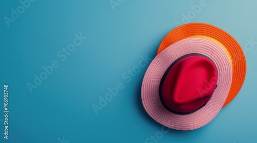 Colorful Straw Hats Arranged Neatly on a Blue Background