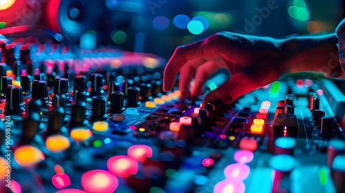DJ Mixing Music on a Soundboard with Colorful Lights