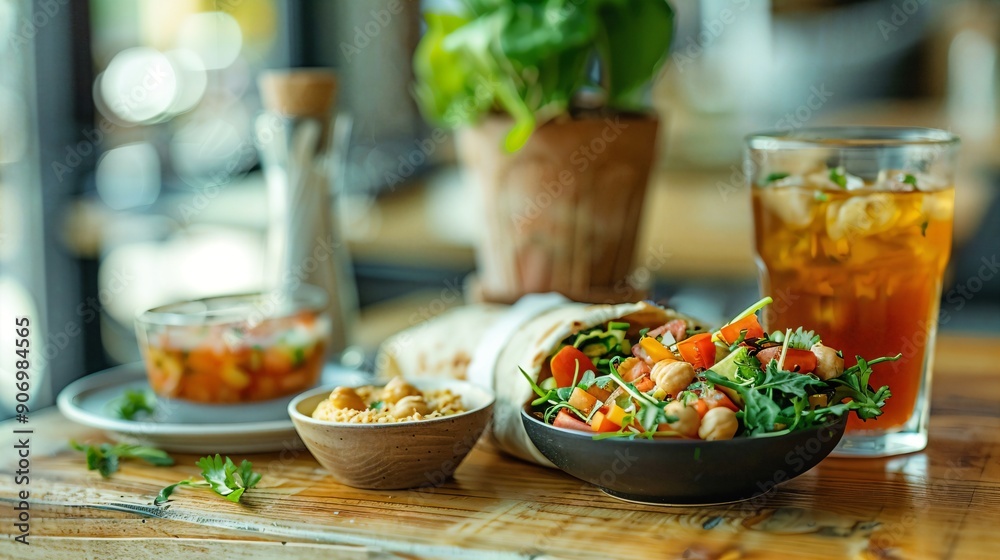 a wooden table topped with plates of food and drinks a wooden table topped with plates of food and drinks