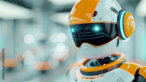 Futuristic Robot With Orange Accents in a High-Tech Environment