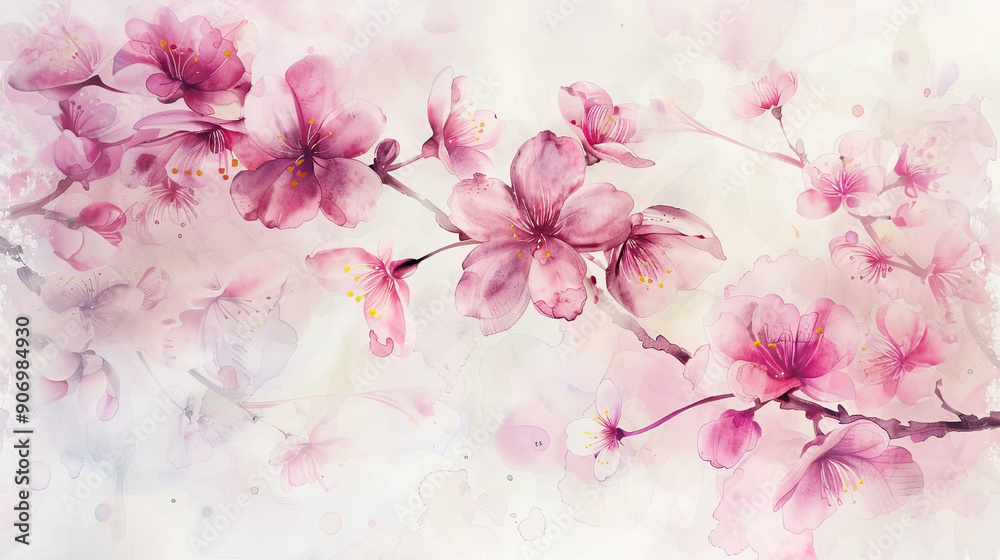 Watercolor cherry blossoms with feathering, smooth and flowing edges, elegant and delicate, clean background Watercolor cherry blossoms with feathering, smooth and flowing edges, elegant and delicate, clean background