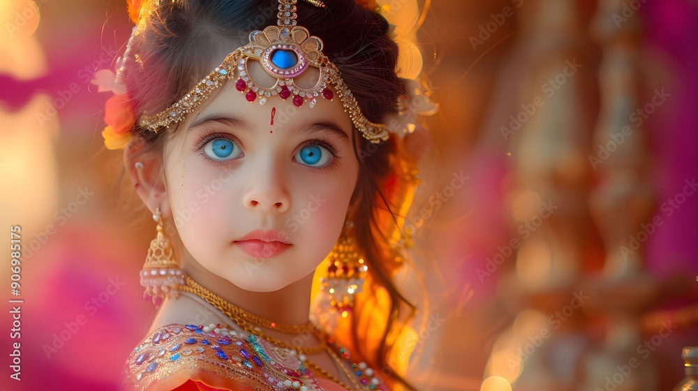 A Young Girl Dressed as Radha with Intriguing Blue Eyes A Young Girl Dressed as Radha with Intriguing Blue Eyes