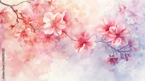 Watercolor cherry blossoms with gradients and fading, smooth transitions of spring colors, dreamy and soft, light background