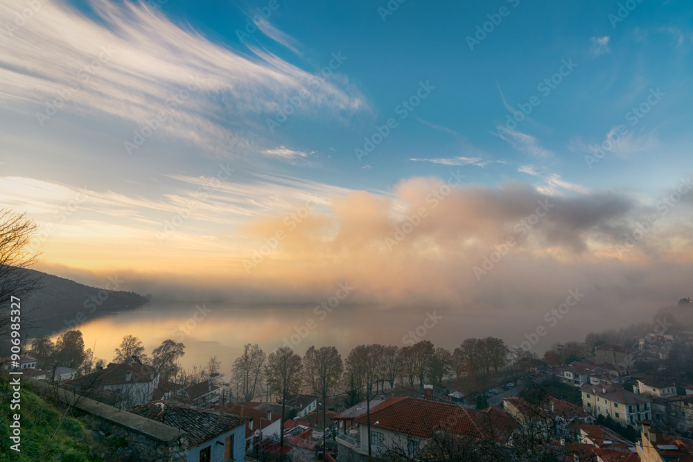 foggy sunrise over the city of Kastoria in Greece foggy sunrise over the city of Kastoria in Greece