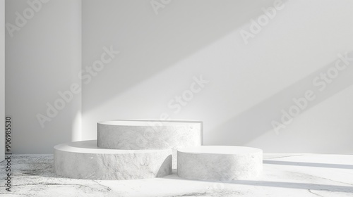 Empty circle round cylindric marble stone white podiums stages table in white empty studio room with sunlight beams from windows. White empty table stage mock up background for products and design