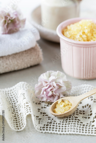 Bowl of yellow sea salt.