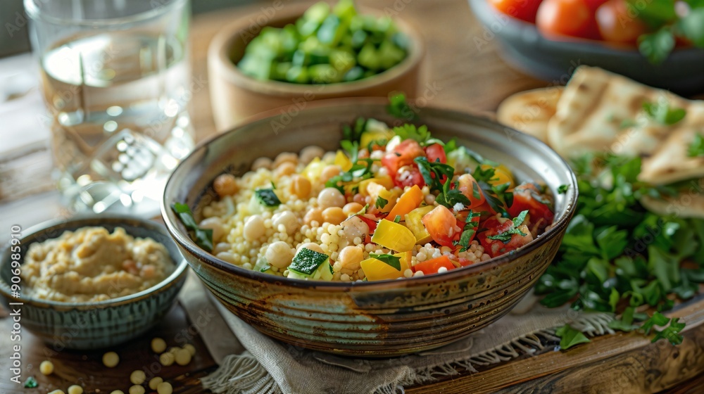a wooden table topped with bowls of food a wooden table topped with bowls of food