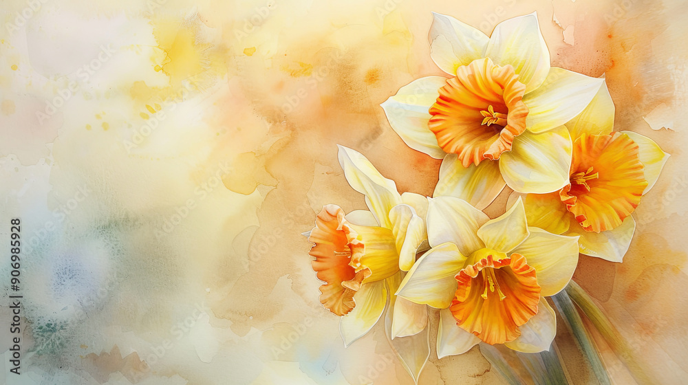 Watercolor daffodils using layering (glazing), deep and rich spring hues creating depth, elegant texture, light background Watercolor daffodils using layering (glazing), deep and rich spring hues creating depth, elegant texture, light background