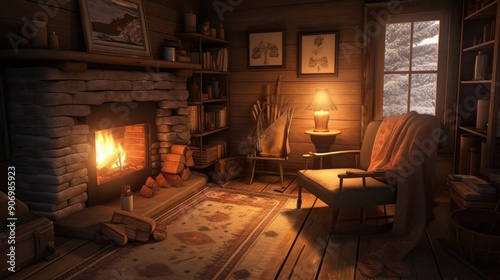 Cozy Cabin Interior with Fireplace, Rocking Chair, and Window View © kartolo