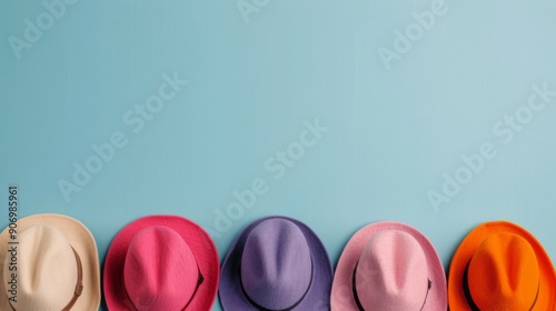 Colorful Straw Hats Arranged Neatly on a Blue Background