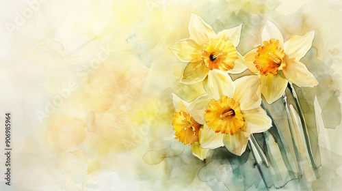 Watercolor daffodils using layering (glazing), deep spring colors creating depth, elegant texture, light background