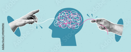 Collage of mental health concept with halftone hands and human head. Psychologic therapy session concept and help in fighting stress, depression, emotional burnout and other psychological problems