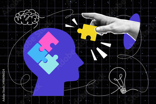 Collage of business concept with halftone hand, puzzle, braine, bulb, human head. Brainstorming, idea, innovation, teamwork and partnership vector illustration in pop art style