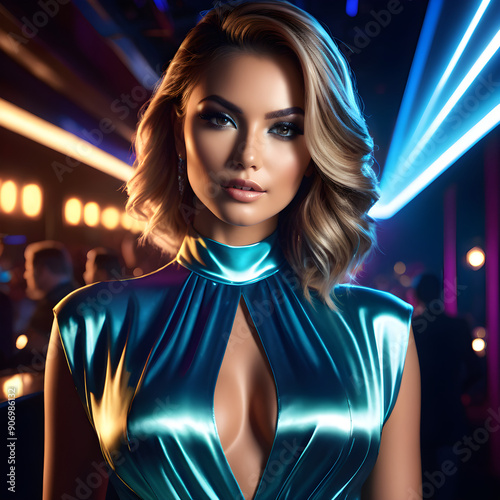 In this stunning image, we see a photorealistic and highly detailed portrayal of a beautiful young woman wearing a sleek silk dress, undoubtedly ready for a night out on the town. The soft backlightin photo