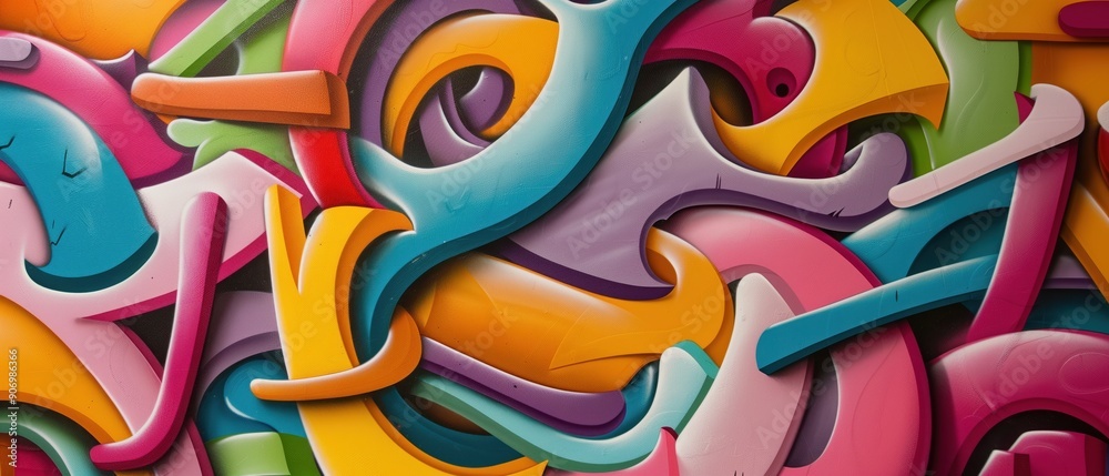 Vibrant colors come alive in this street art mural, expressing the artists creativity through a mix of text and graffiti. Full Frame, Vibrant colors come alive in this street art mural, expressing the artists creativity through a mix of text and graffiti. Full Frame,