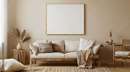 Mockup de salón con decoración en tonos crema y beige, estilo acogedor y natural con muebles de madera y cuadro grande en el centro