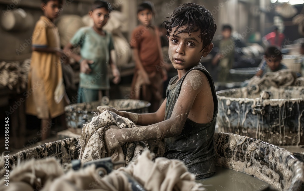 A stark image of child labor in Bangladesh, showing young children working in a garment factory.
A stark image of child labor in Bangladesh, showing young children working in a garment factory.