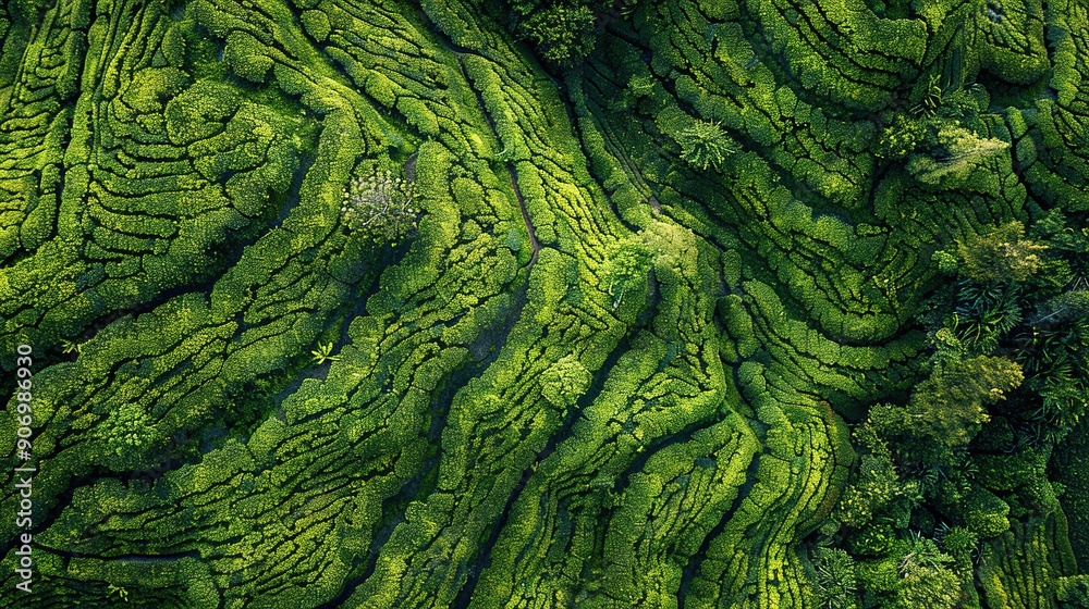 Aerial drone view of shapes of Cha Gorreana tea plantation at Sao Miguel, Azores, Portugal. Aerial drone view of shapes of Cha Gorreana tea plantation at Sao Miguel, Azores, Portugal.