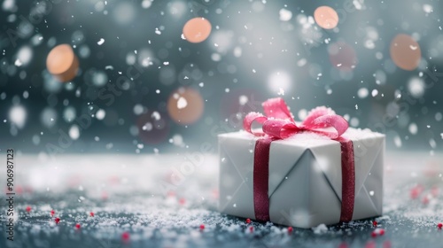 Snowy Winter Scene With Gift Box Tied With Red Ribbon