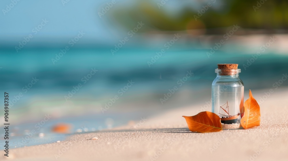 Obraz premium Hand Holding Glass Bottle With Sailboat on Beach at Sunny Seaside