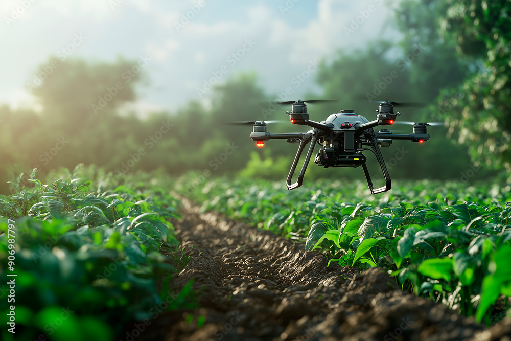 a future agricultural landscape where AI-driven drones and robots manage crop growth, monitor soil health, and ensure efficient harvesting. The fields are lush and technologically advanced a future agricultural landscape where AI-driven drones and robots manage crop growth, monitor soil health, and ensure efficient harvesting. The fields are lush and technologically advanced