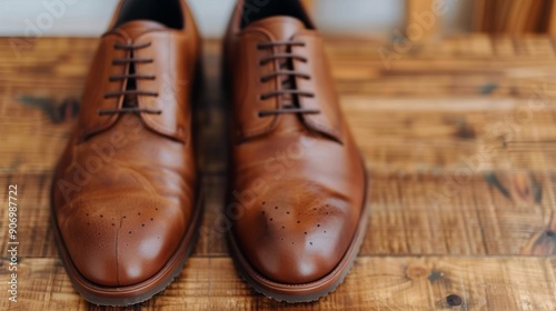 Classic Brown Leather Dress Shoes on Polished Wooden Surface