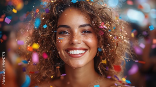 Happy woman with confetti in her hair.