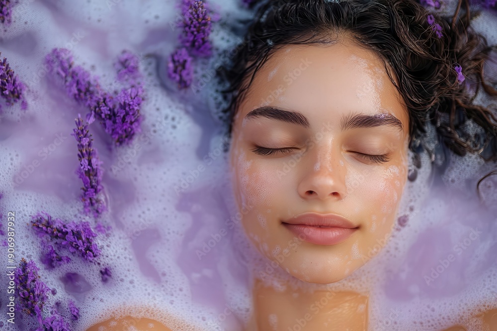 Woman Relaxing in a Lavender Bath. Woman Relaxing in a Lavender Bath.
