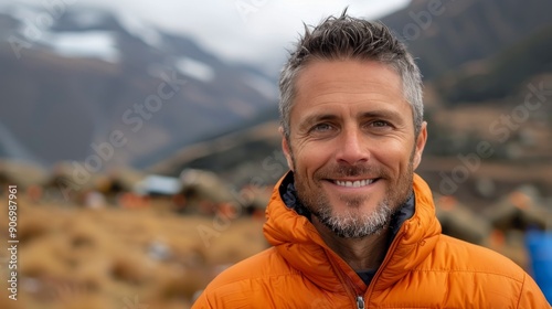 Smiling Hiker in Bright Jacket Against Mountainous Landscape at Dusk