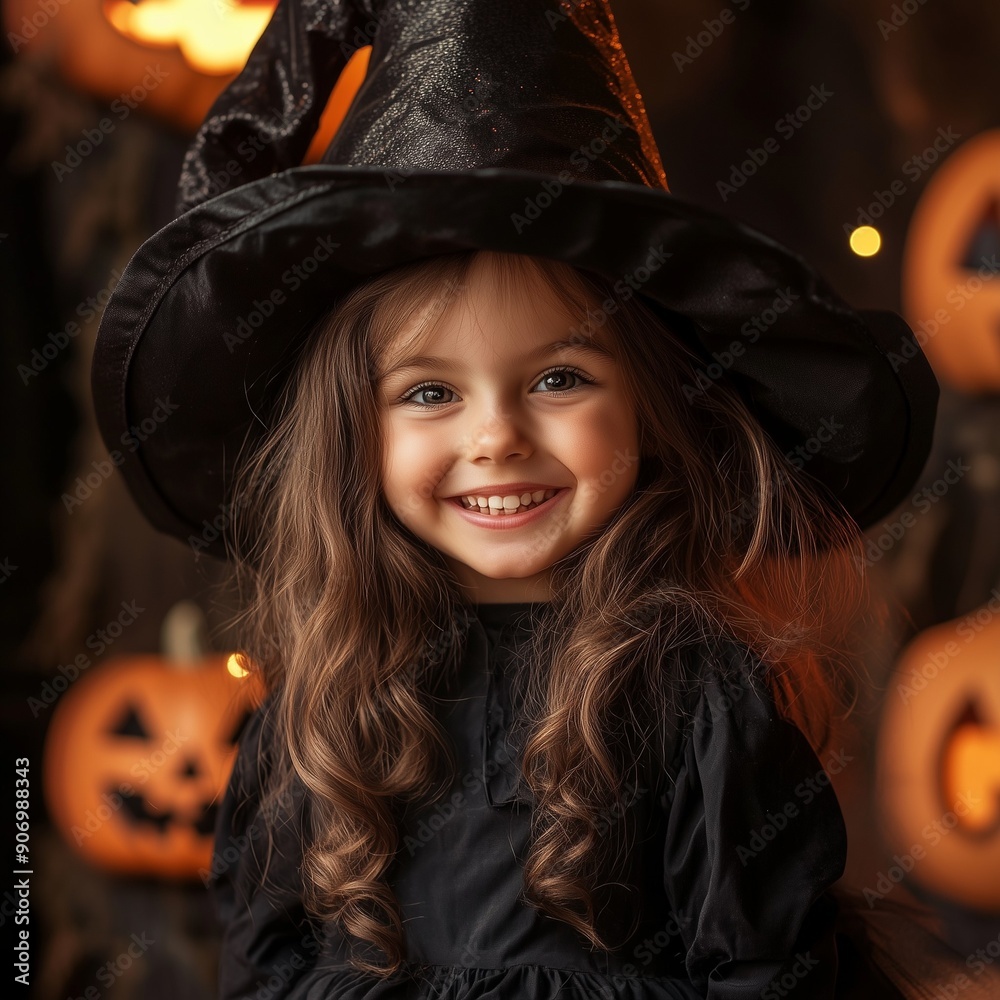 Smiling girl in witch costume with jack-o-lanterns in background for Halloween celebration Smiling girl in witch costume with jack-o-lanterns in background for Halloween celebration