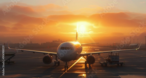 Airplane on Runway at Sunset With Beautiful Orange Sky
