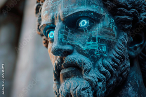 Statue of Zeus at Olympia as an AI deity. The statue should be colossal, made of sleek, futuristic materials, with circuits running through its form. The eyes of the statue should emit a soft, intelli photo