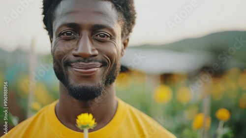 Young Man Standing Confidently Against Floral Background in Sunlit Outdoor Se...